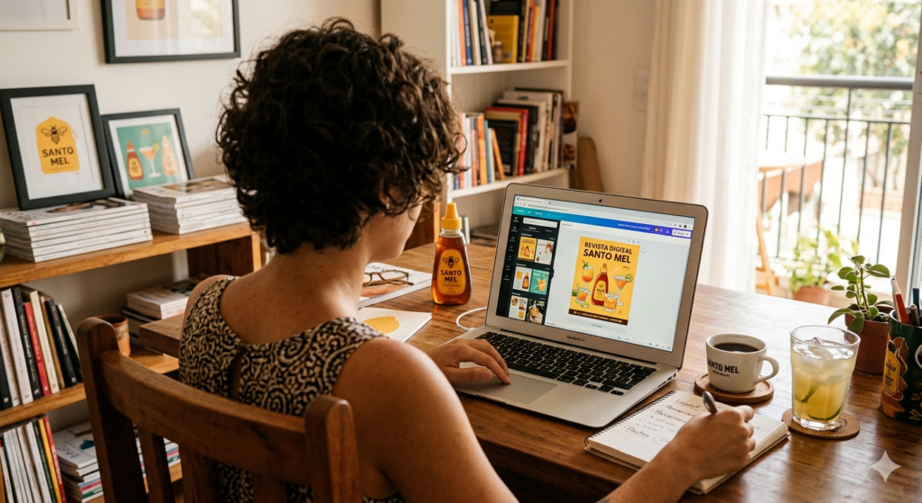 Mulher de costas com cabelo curto enrolado (Juliana) desenhando a Revista Digital Santo Mel no Canva, com garrafa e drink Santo Mel na mesa de trabalho.